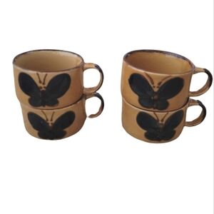 Vintage - 70's COTC‎ Korea Butterfly Stoneware Cups with D Handles Set of 4